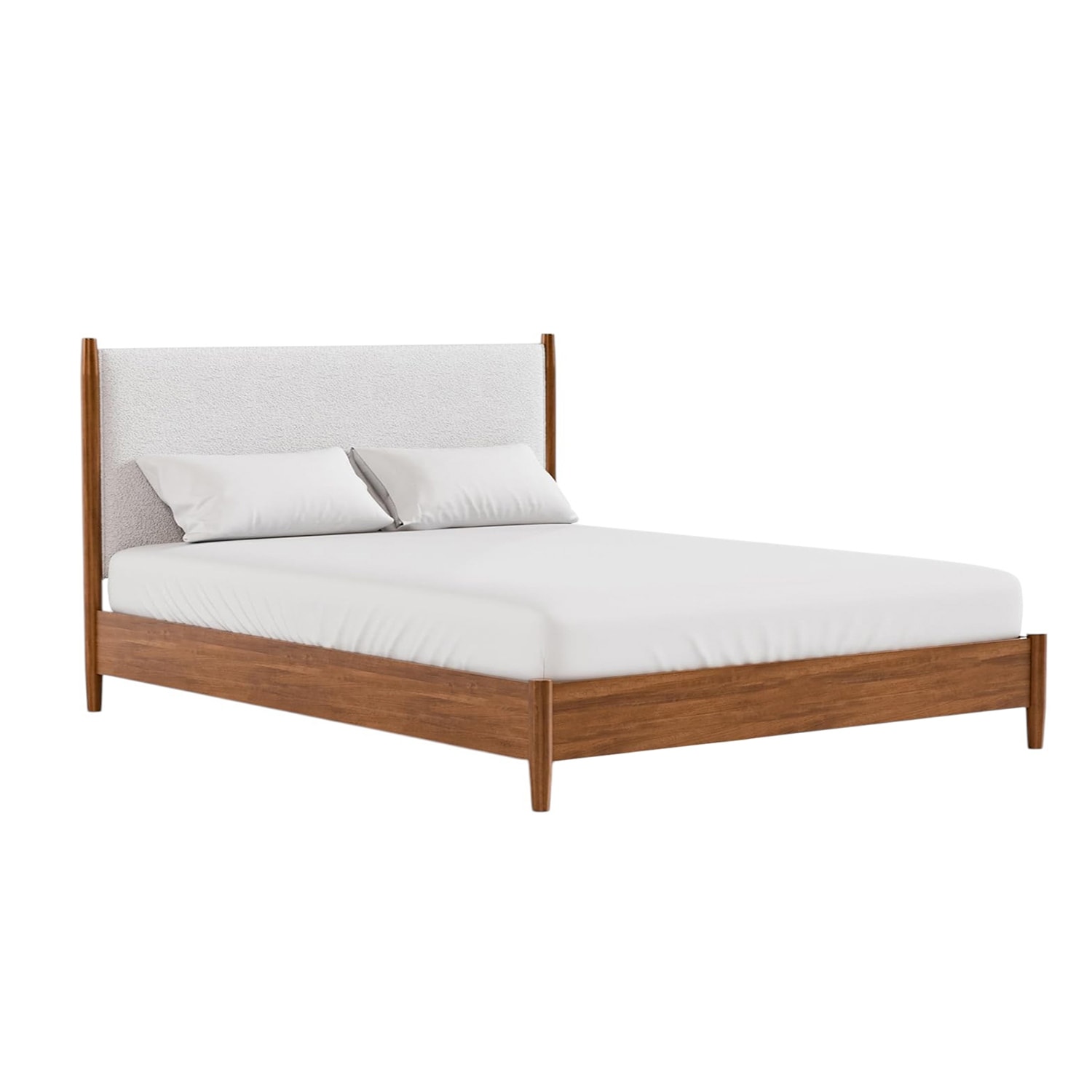 Boucle Upholstered Eastern King Bed with Round Tapered Legs in Walnut and Beige