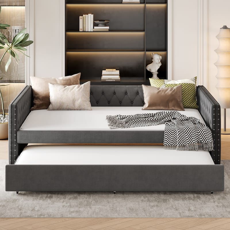 Upholstered Tufted Full Size Daybed with Twin Trundle, Gray