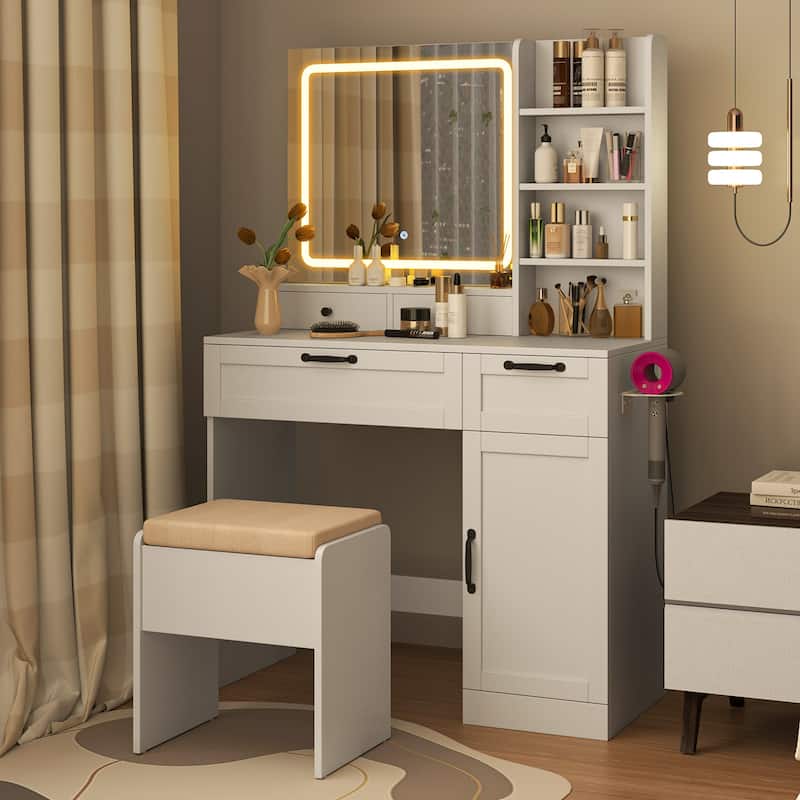 Makeup Vanity Desk with Lighted Mirror Adjustable Lighting Storage Drawers Charging Station and Stool