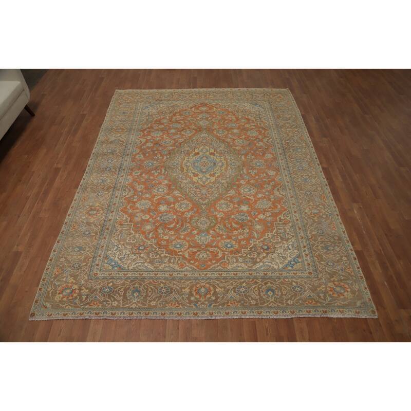 Hand Knotted Oriental 100% Wool Carpet Traditional Floral Oranges & Rust Tabriz Area Rug - 10' 3'' X 7' 8''