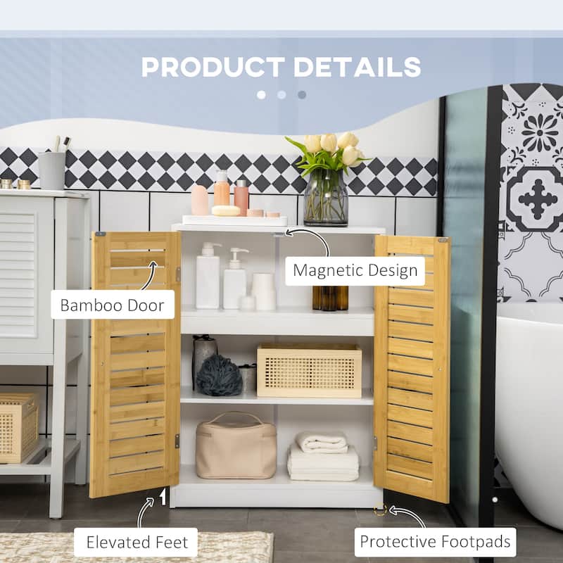 kleankin Bathroom Floor Cabinet, Side Storage Organizer Cabinet with Bamboo Doors, Adjustable Shelves, White and Natural