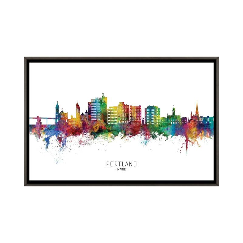 iCanvas "Portland Maine Skyline City Name" by Michael Tompsett Framed - Charcoal - 32x48