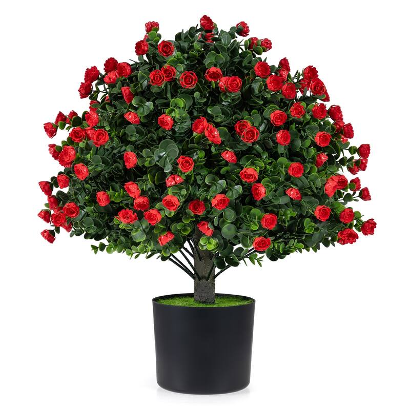 Gymax 2 Pack Artificial Rose Topiary Ball Trees w/PP Cement-Filled - Green & Red & Black
