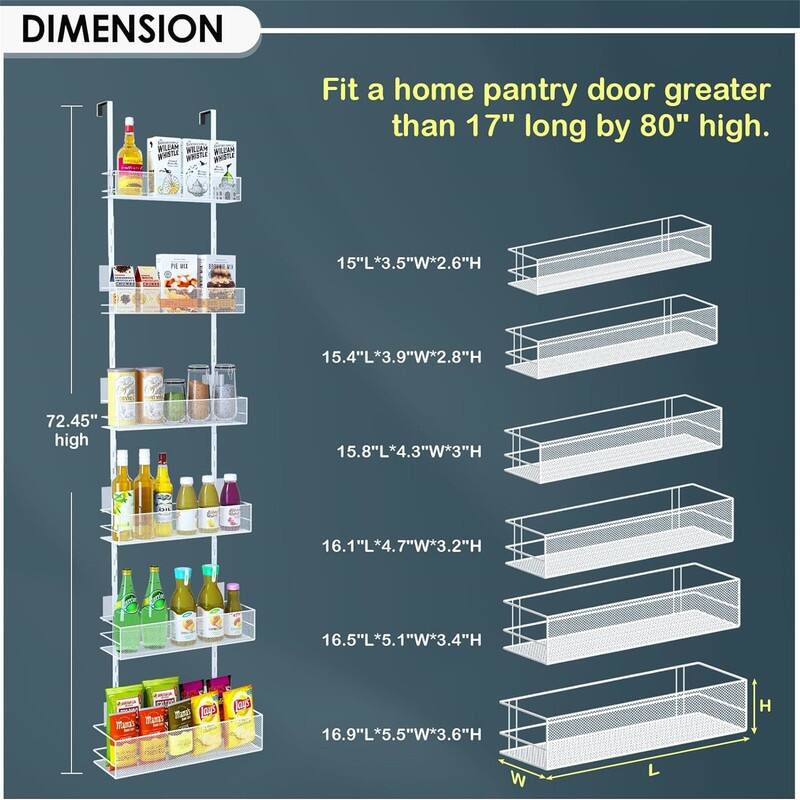 Over the Door Pantry Organizer 6Tier Mesh Basket Hanging - 5.6"D x 17"W x 72.45"H