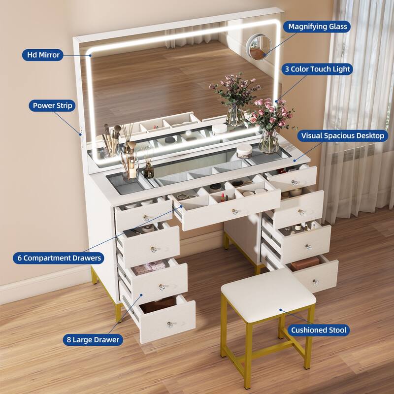45" Vanity Desk Set with 9 Drawers and Large Hollywood Bulbs Mirror Power Outlet