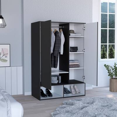Rectangle Wood 2-Door Armoire w/Shoe Cabinet and Shelves & Hanging Rod