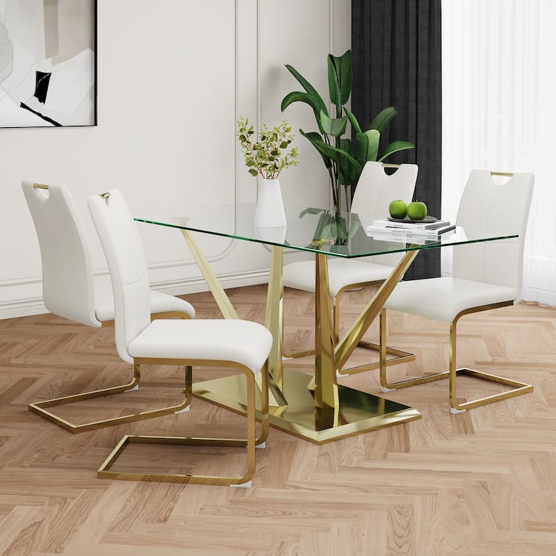 5-Piece Rectangular Dining Table Set for 4 Modern 63" Tempered Glass Kitchen Table with 4 Chairs, Luxury Dining Room Table Set - White