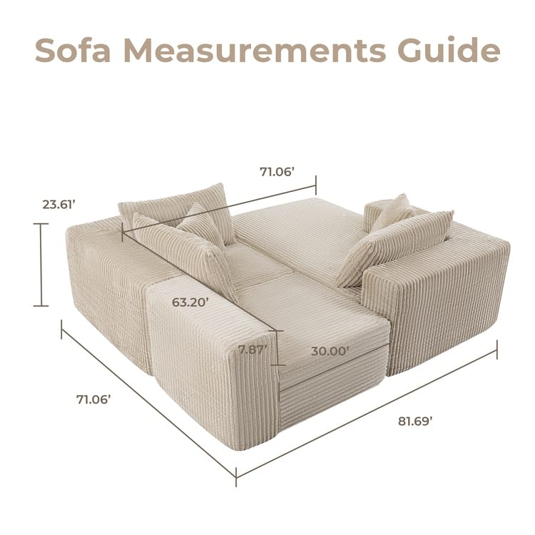 110" Modular Cloud Couch Sectional Sofa - Deep Seat Corduroy L-Shape Couch - Boneless Compressed Sofa