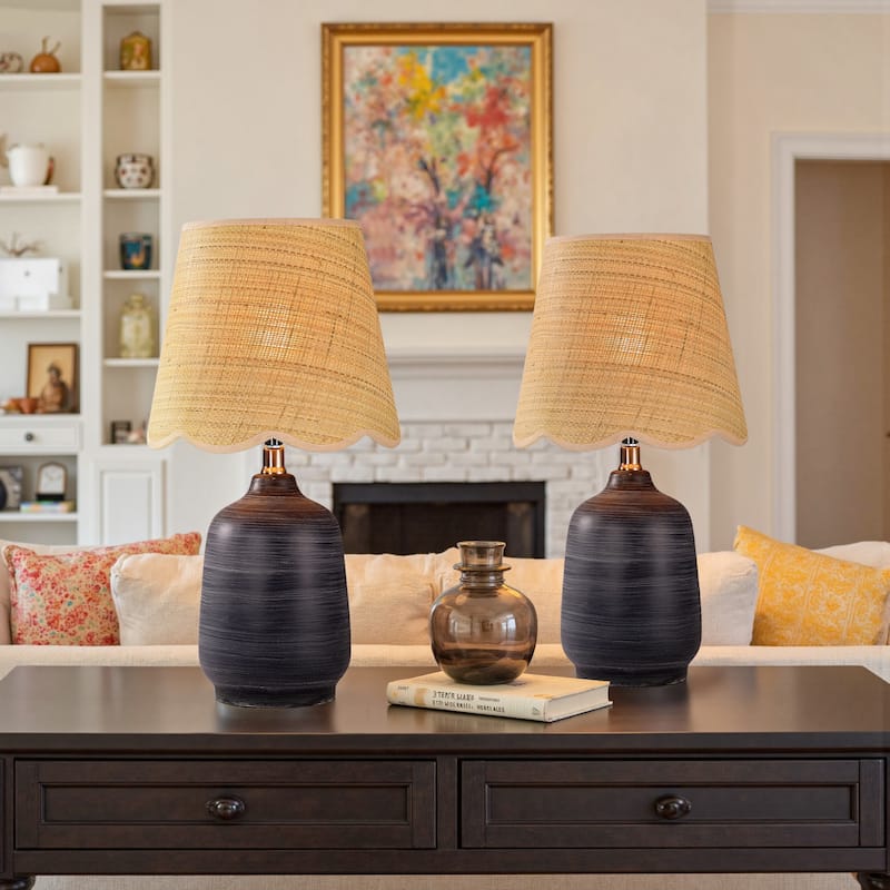 2 Pack Rustic Ceramic Accent Table Lamp with Raffia Shade
