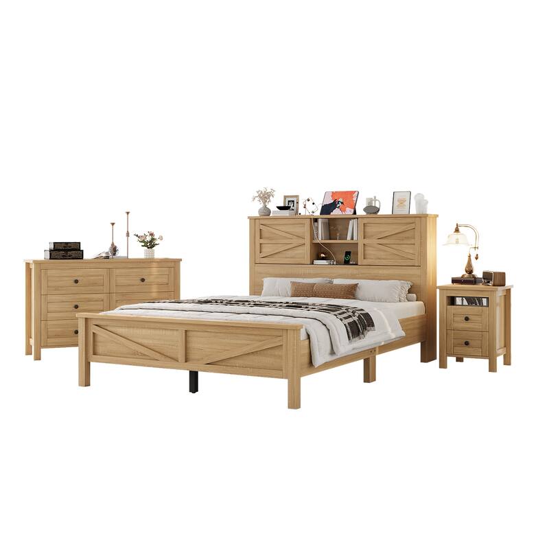 Rustic Platform Bed 3-Pieces Bedroom Sets with Storage Nightstand and Dresser, Wooden Platform Bed with Charging Station