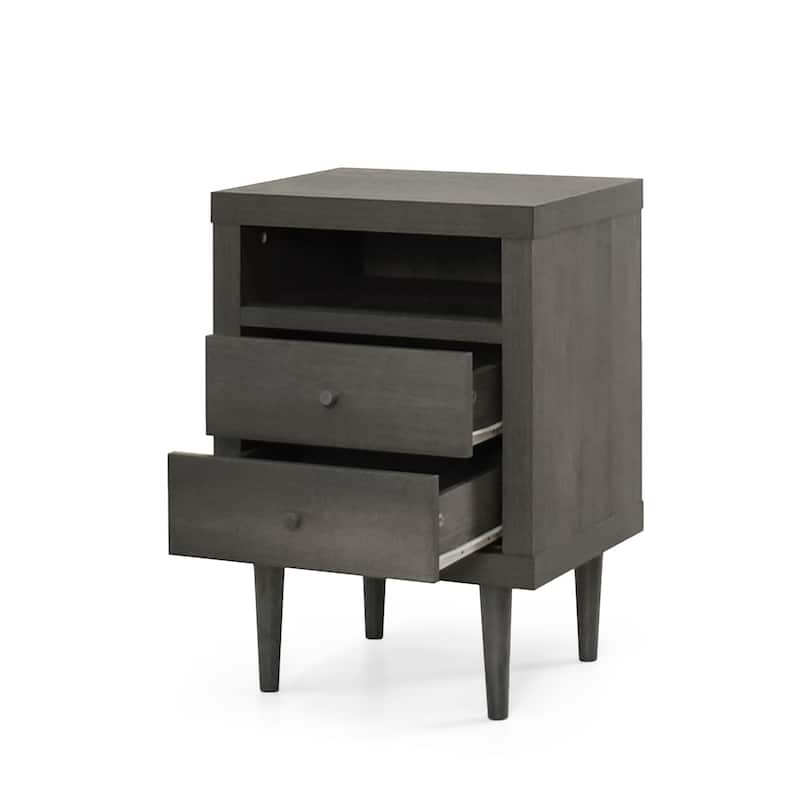 Minie Nightstand with 2 Drawers, Shelf, Rubberwood Legs, Dark Gray