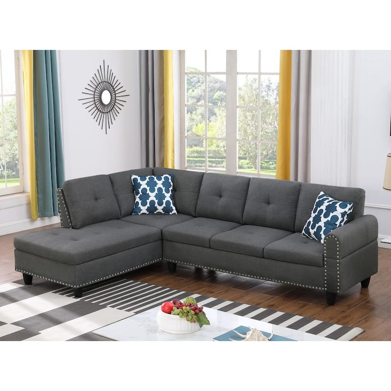 Modern Built-in Cup-holders Console Linen Sectional Sofa with 2 Pillows