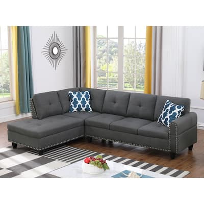 Modern Built-in Cup-holders Console Linen Sectional Sofa with 2 Pillows