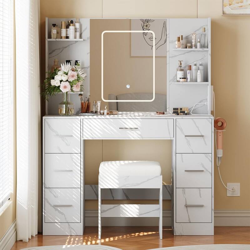 Vanity Desk with LED Lighted Mirror and Stool, 7 Drawers, 6 Open Shelves