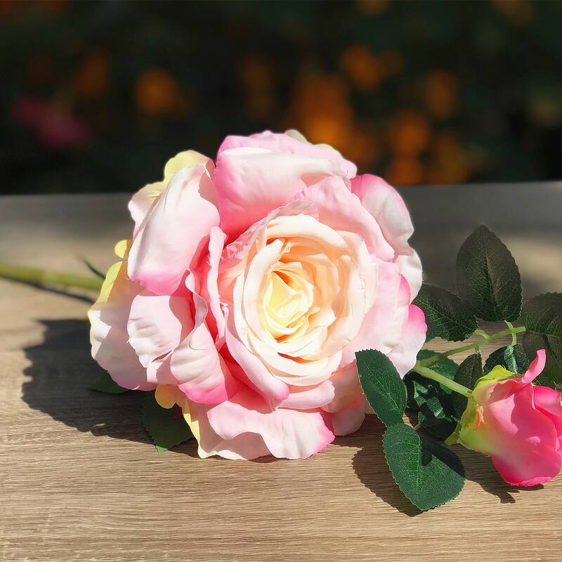 Enova Home 17" Tall Artificial Silk Open Roses Stem Fake Flowers Spray for Home Wedding Party Decoration