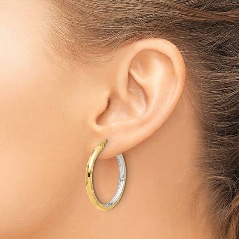Curata 14k Yellow Gold White Rhodium Polished and Diamond cut Hoop Earrings - 33.5x31.3mm