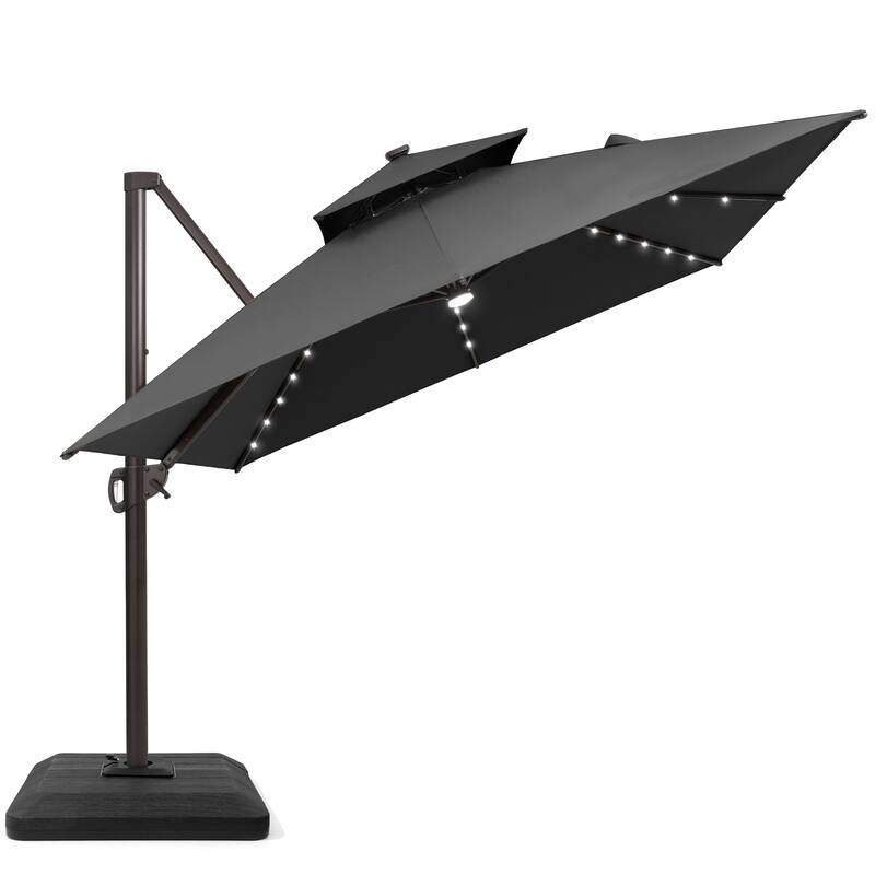 9x11 FT Rectangular Outdoor Patio Cantilever Umbrella Solar LED Lighted with Weight Base - Black