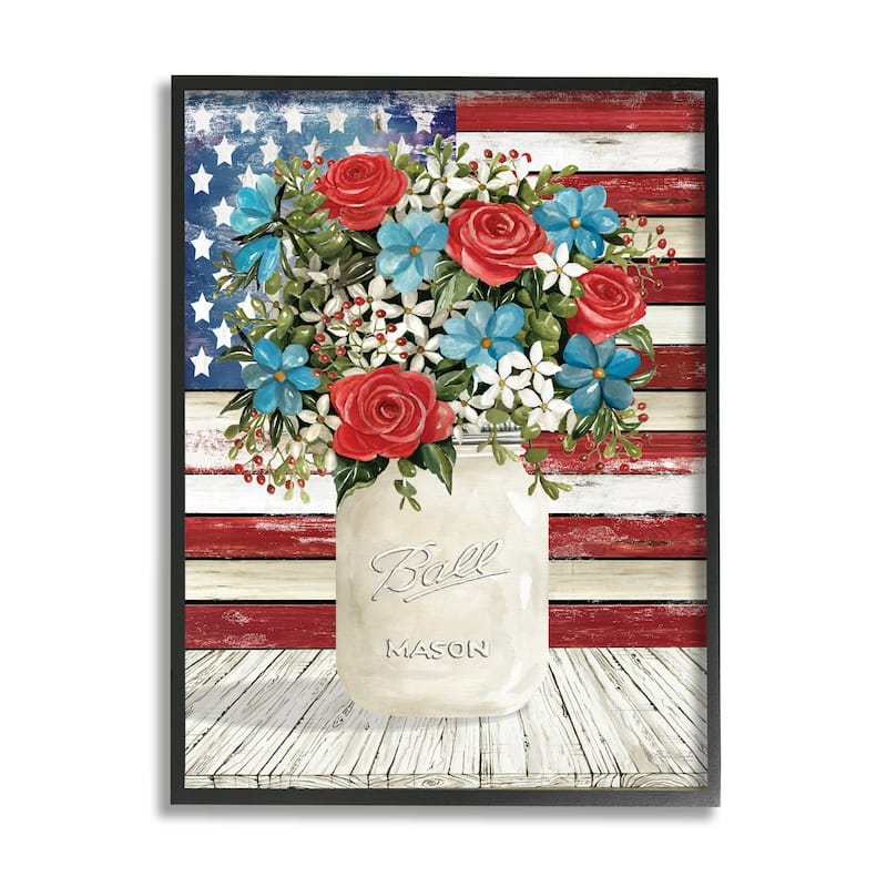 Stupell Industries Americana Flag Festive Bouquet Framed Giclee Art by Cindy Jacobs - Black - 11 x 14