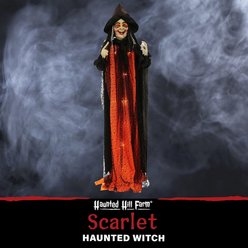 5.42-ft. Standing Witch, Indoor/Covered Outdoor Halloween Decoration, LED Red Eyes, Poseable, Scarlet