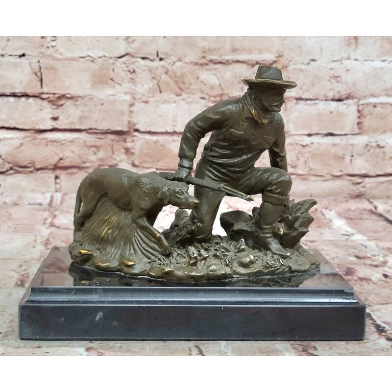 Hunter With Imitative Dog Bronze Sculpture - Wildlife Hunting Scene Art By Milo