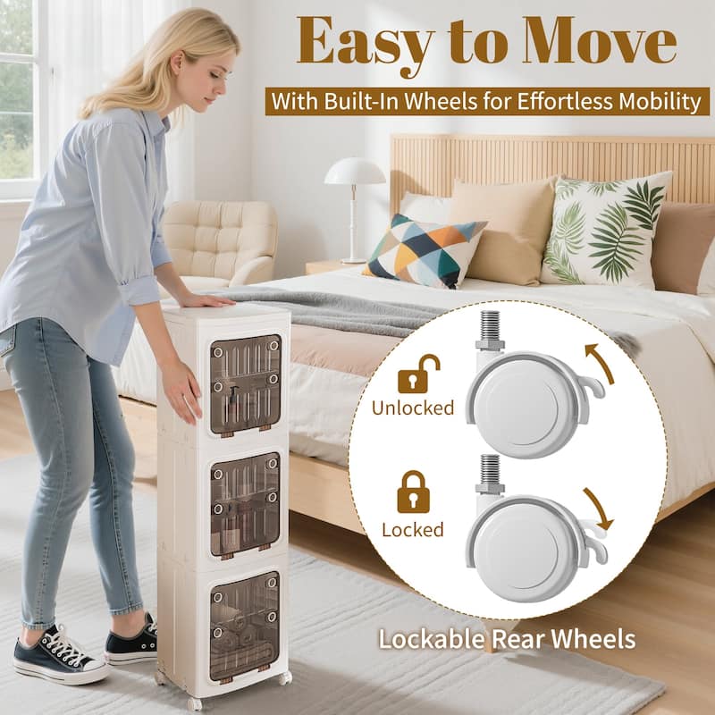 Javlergo 2-Tier White Foldable Stackable Narrow Storage Bins ABS Waterproof Storage Cabinet for Living Room Bedroom Bathroom