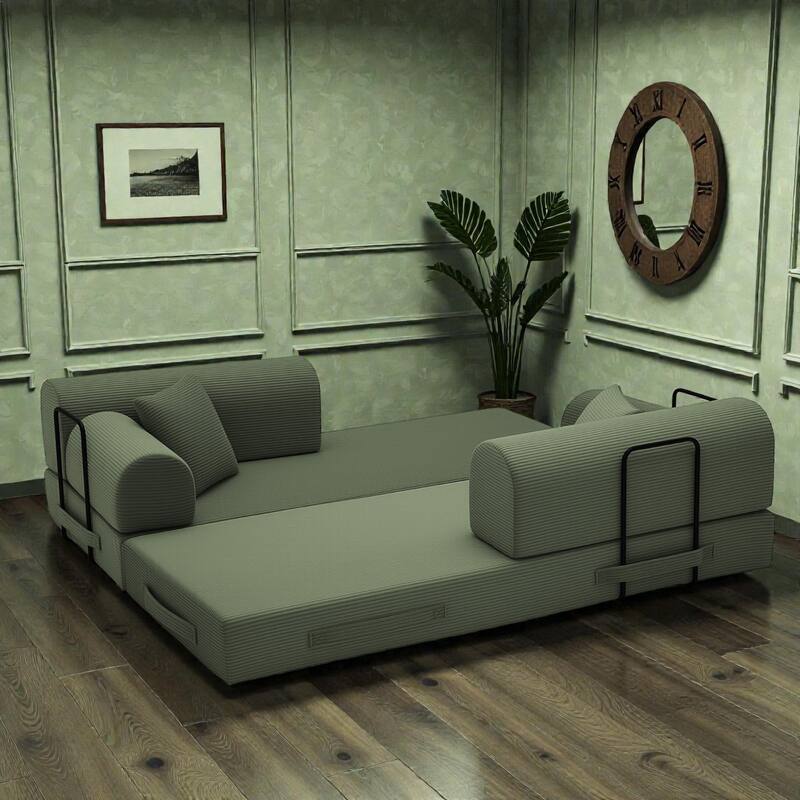 Convertible Sleeper Sofa Bed, 4-in-1 Corduroy Folding Floor Couch with Cylindrical Pillow, 2-Seat Space-Saving Lounge Sofa