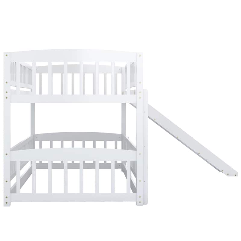Solid Wood Low Bunk Bed with Slide,Fence and Ladder