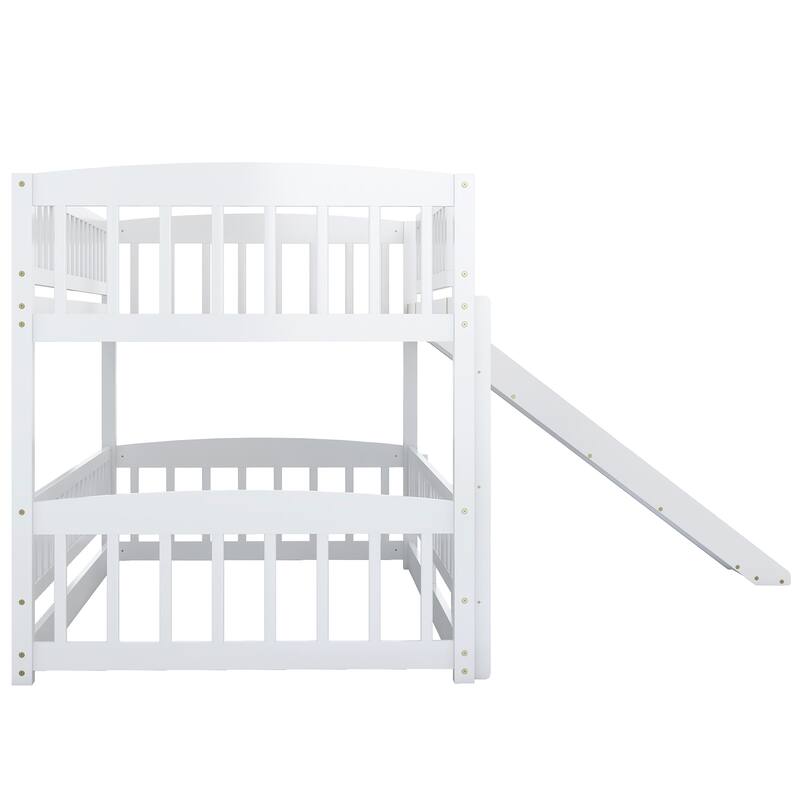 Twin Over Twin Low Bunk Bed with Slide, Fence, and Ladder for Kids and Teens