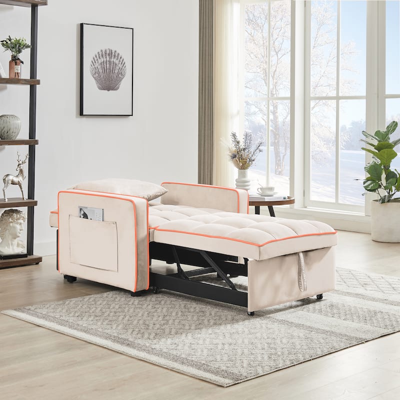 Convertible Velvet Sofa Bed Chair - Adjustable Recliner to Single Bed, Creamy White Modern Multi-functional Furniture