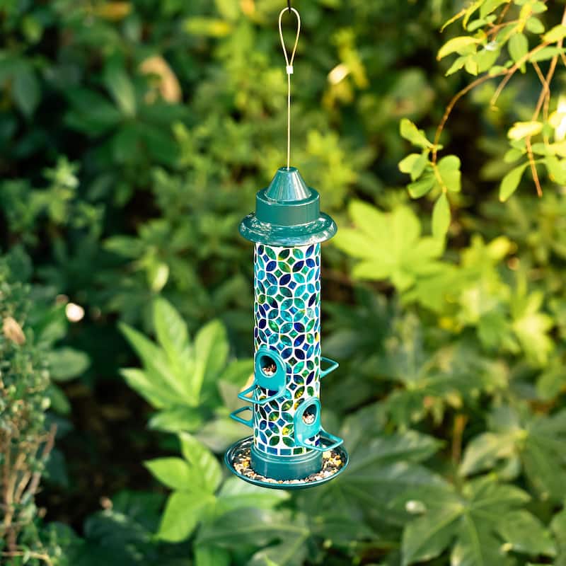 Glitzhome 20''H Tall Hanging Blue/Green Mosaic Birdfeeder