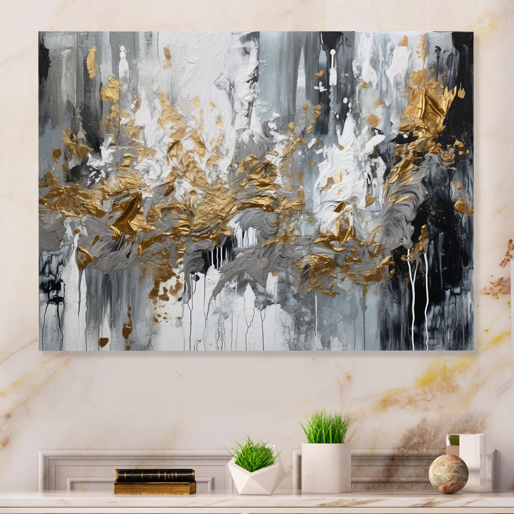 Designart "Black And White Delicate Brushstrokes I" Abstract Marble Metal Wall Art