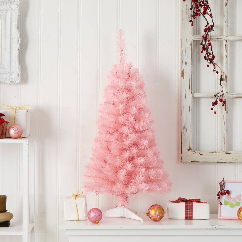 3’ Pre-Lit Mini Pink Artificial Christmas Tree, Clear LED Lights - 3 Foot