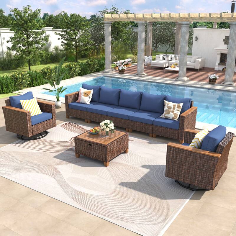 8-Piece Wicker Outdoor Patio Furniture Set with Thick Cushion, Rattan Patio Swivel Rocking Chairs Set of 2 with Acacia S