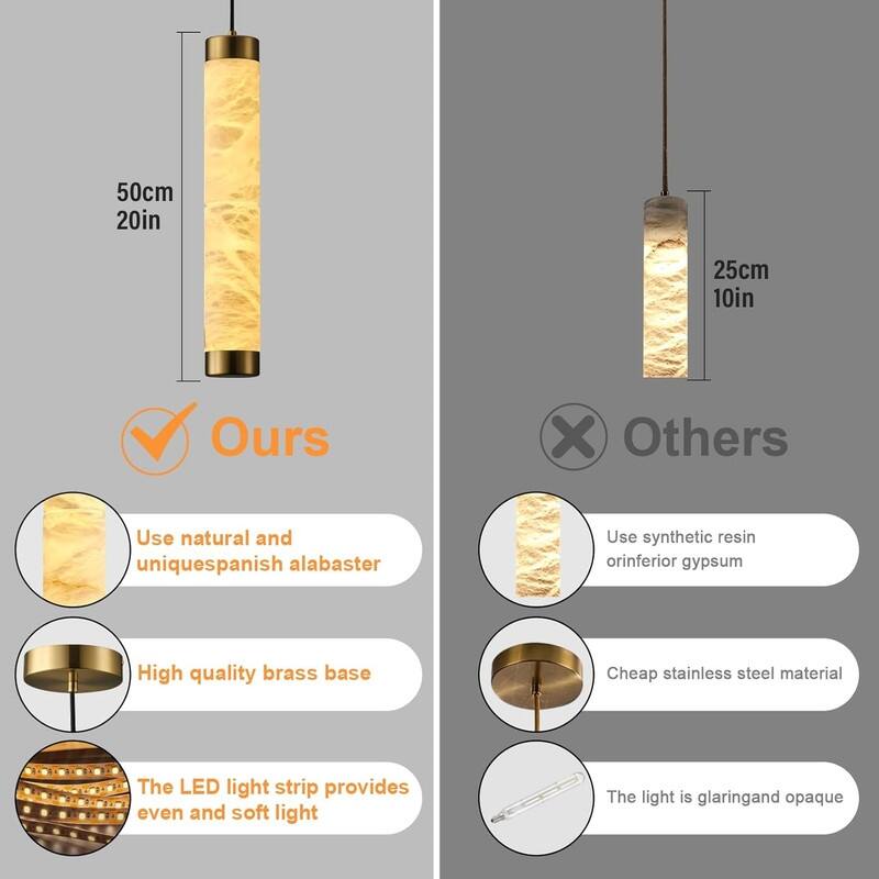 KAYLA Natural Alabaster Pendant Light - Brass Cylinder Marble Long Hanging Light - 19in