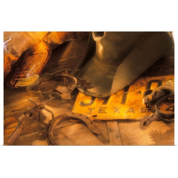 "Cowboy boots with hat and spurs on Texas license plate" Poster Print