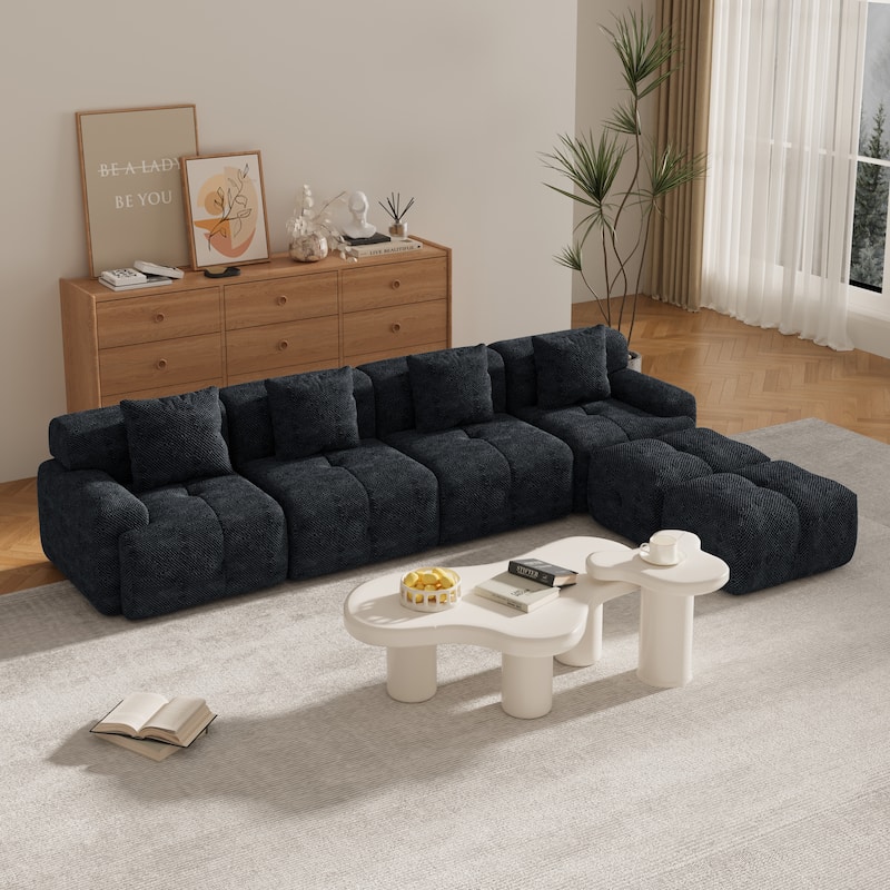 Roomfitters U Shaped Modular Sectional Sofa Bed Chaise, 6-Piece Cloud Tufted Floor Couch with 2 Ottomans and 4 Pillows