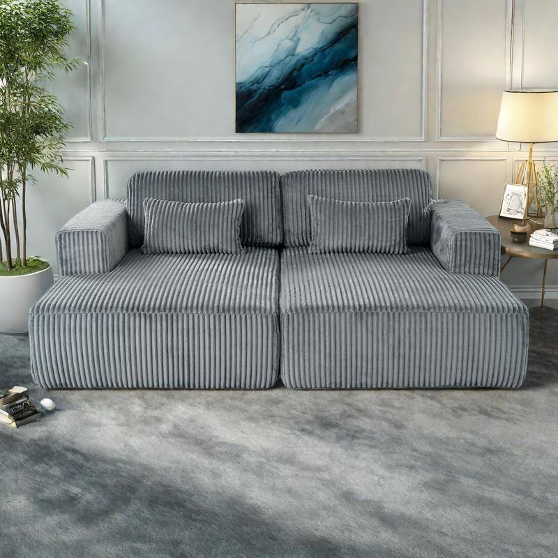 86.6" Corduroy Double Sofa Bed with 2 Pillows and Split Lounger Design - Gray