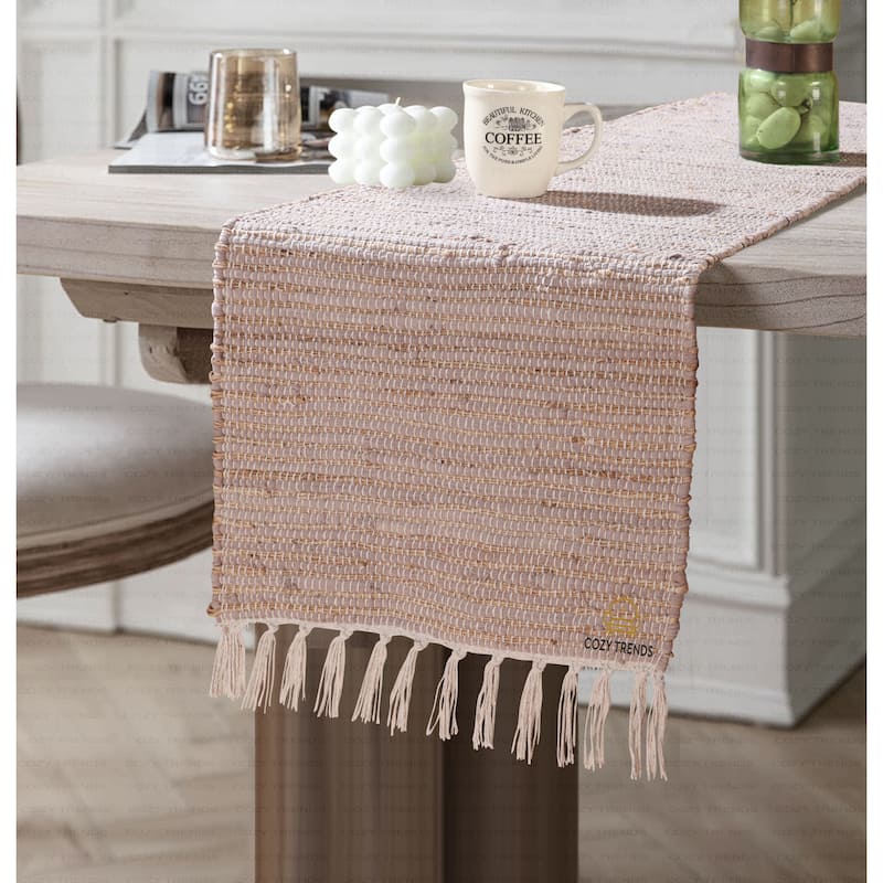 Handmade 100% Cotton Chindi Tabletop | Reversible | Machine Washable| Table Runner 15x72 with Tassel - 15''x72'' - Beige