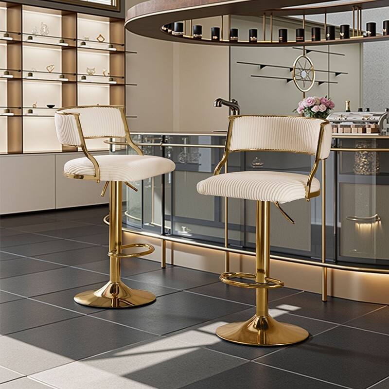 Corduroy Upholstered Adjustable Bar Stool with Gold Tone Base