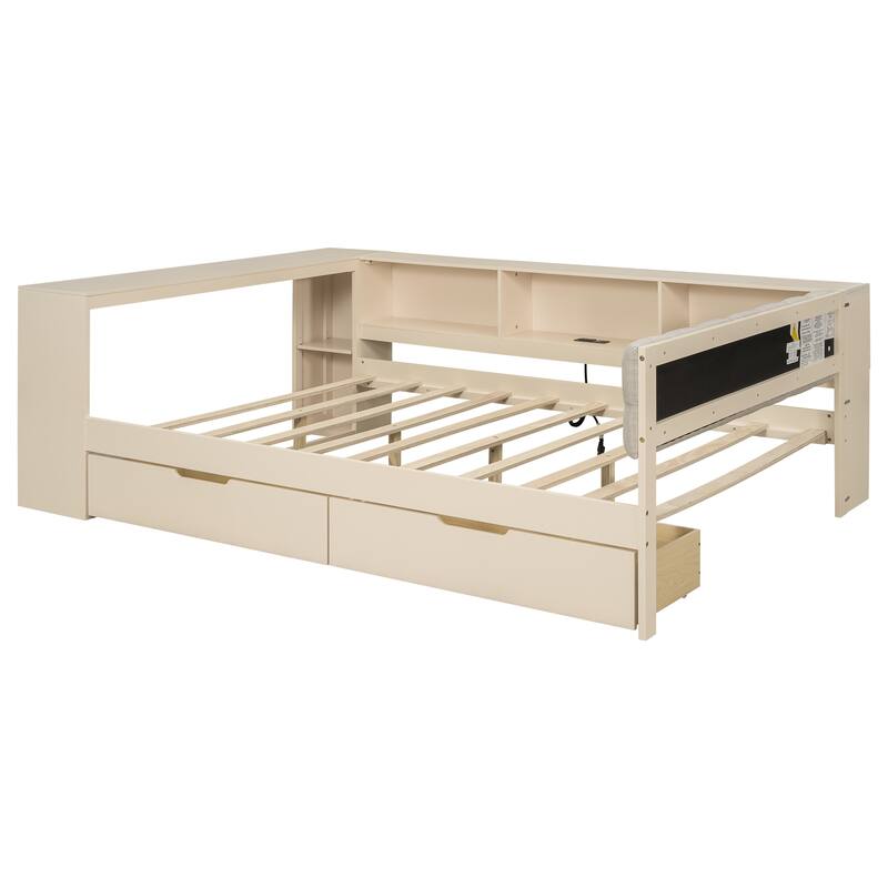 Wood Full Size Platform Bed with Upholstered Headboard, Storage Shelves & Charging Station for Small Space, Apartment