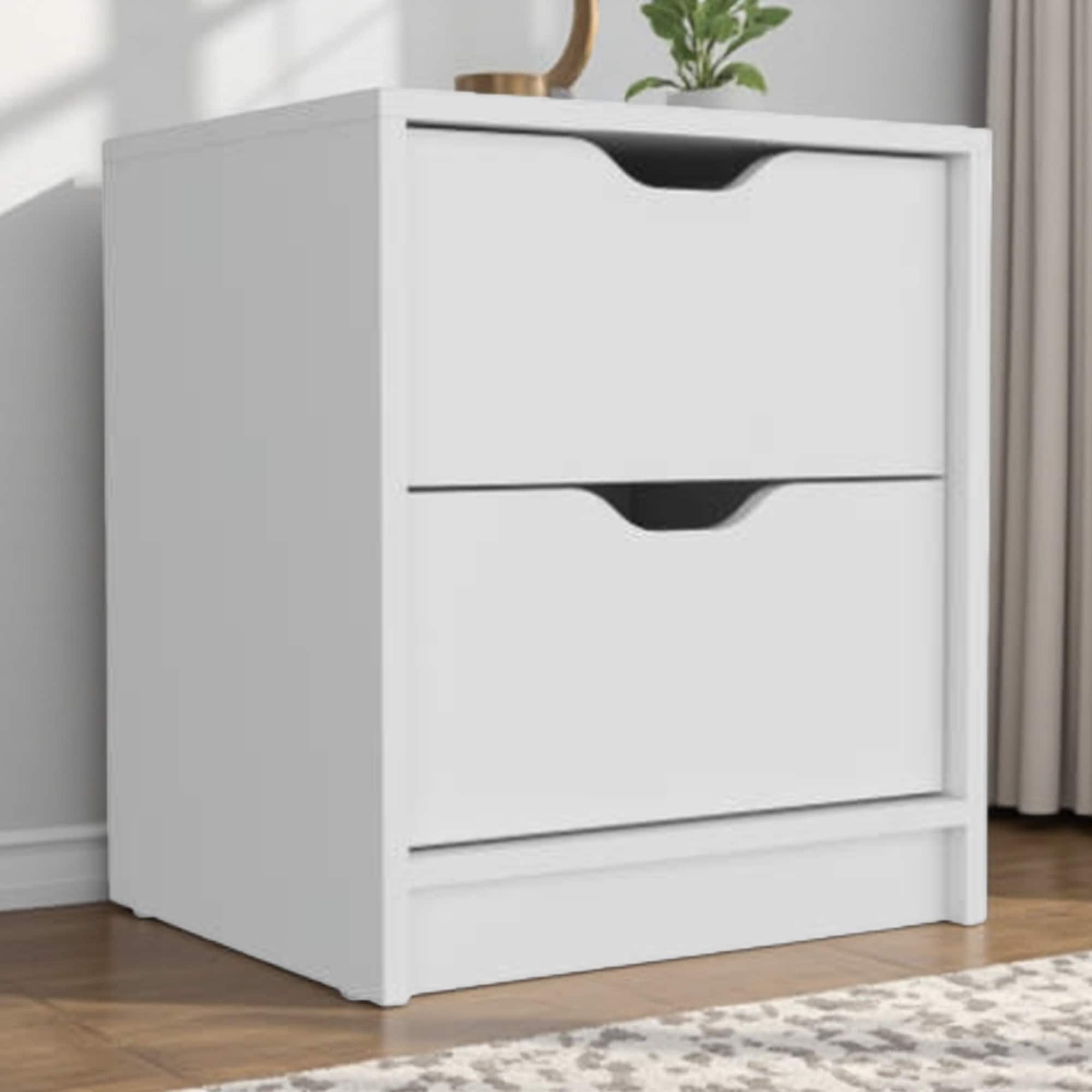 16"L Wood Double Drawer Nightstand with Large Top Surface, Easy-Pull Drawers Bedside Table