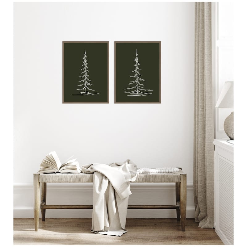 Kate and Laurel Sylvie Minimalist Evergreen Trees Sketch - 2 Piece Framed Canvas Art Set by The Creative Bunch Studio