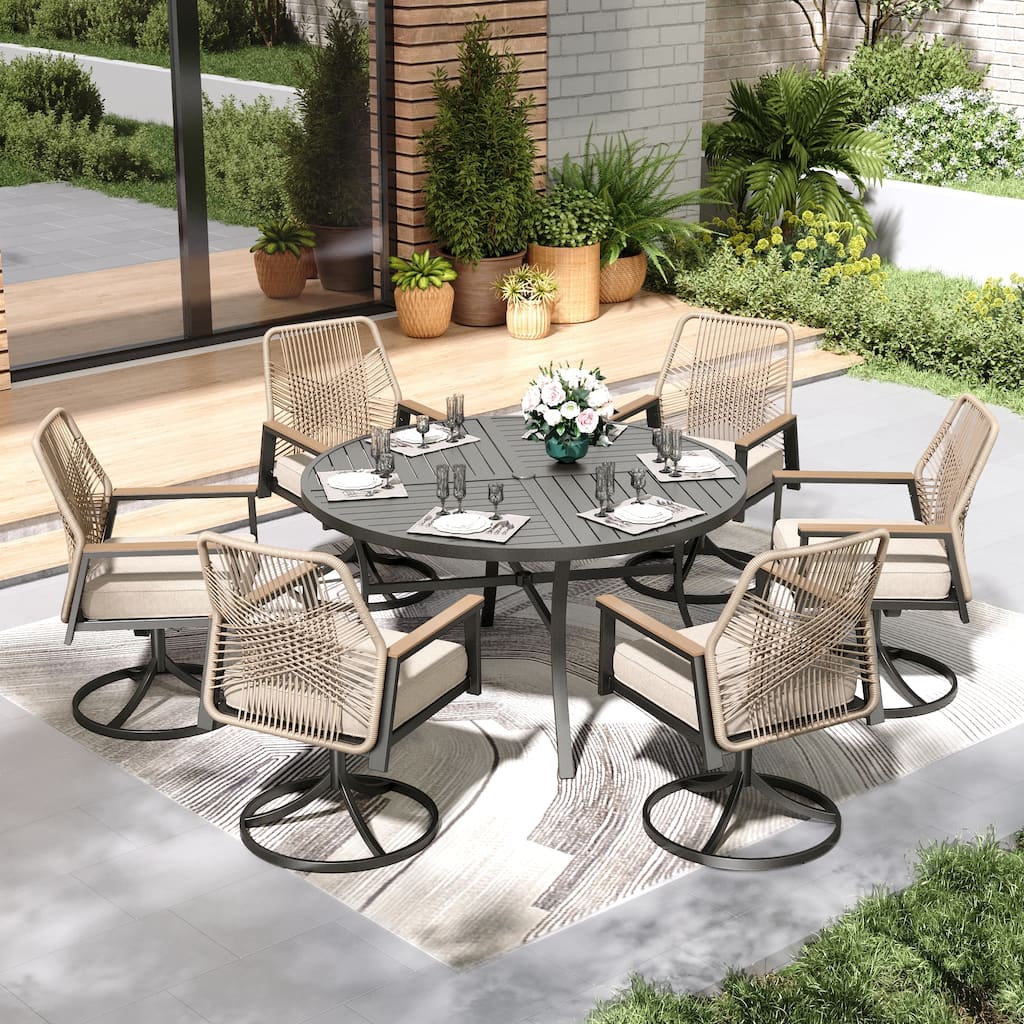 MAISON ARTS 5/7 Pieces Outdoor Dining Set, Round Table and Woven Wicker Dining Chairs with Cushions