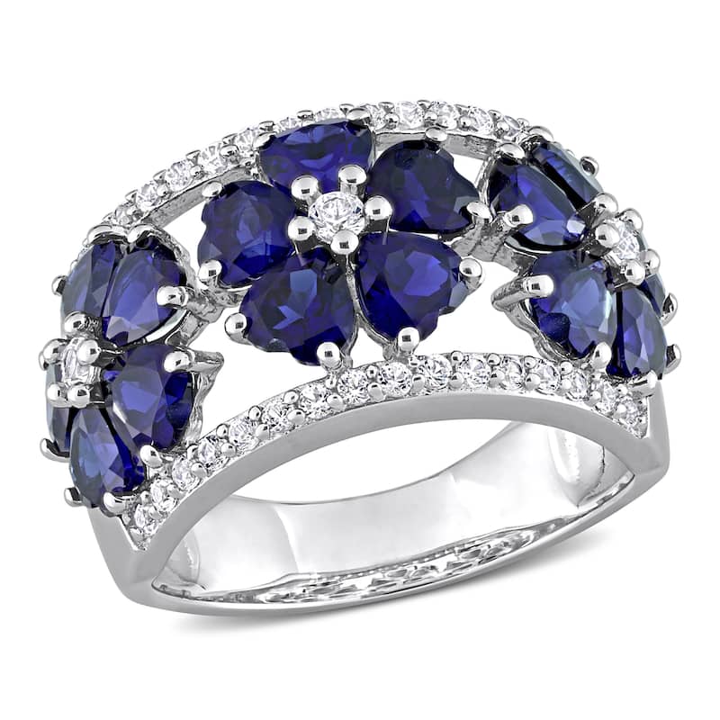 Miadora Heart-cut Created Blue & White Sapphire Triple Floral Cocktail Ring in Sterling Silver