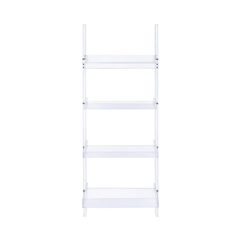 72 Inch Modern Ladder Bookcase, 4 Shelves, 3 Tray Edges, Clear Acrylic