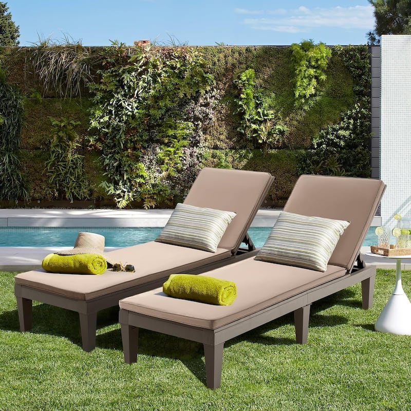 Erommy All-Weather Outdoor Chaise Lounges (Set of 2), 5-Position Adjustable Backrest, Wood-Look Recliners for Poolside, Patio - With Cushion
