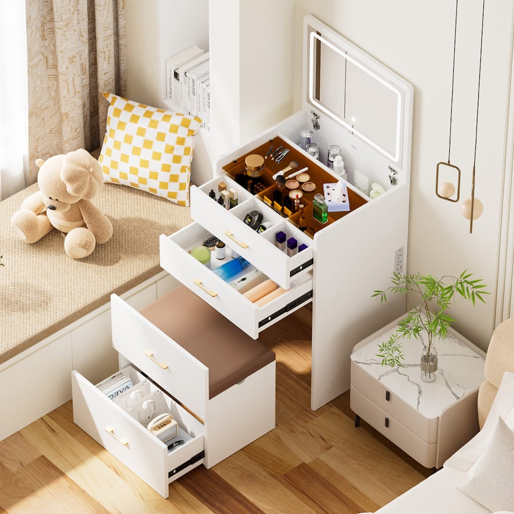 3 in 1 Vanity Desk with Flip Top Mirror, Make Up Vanity Set with Visible Glass Desktop, Storage Stool, Compact Makeup Vanity