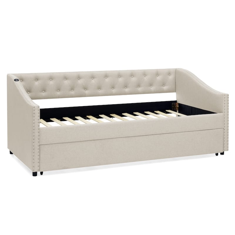Twin Size Daybed with Pull Out Bed Trundle, Upholstered Button-Tufted Backrest Sofa Bed with Nailhead Trim & USB Charging Ports