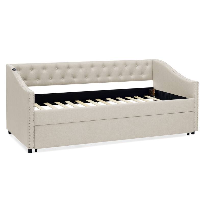 Twin Size Extendable Daybed with Pull-Out Bed, USB Charging Ports, Button Tufted Back & Nailhead Trim