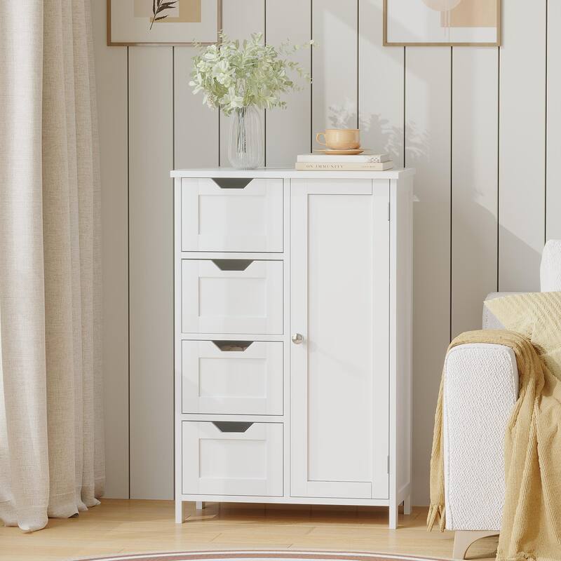Bathroom Storage Cabinet with 4 Drawers and 1 Door, Freestanding Wooden Floor Organizer, Storage Cabinet for Small Spaces